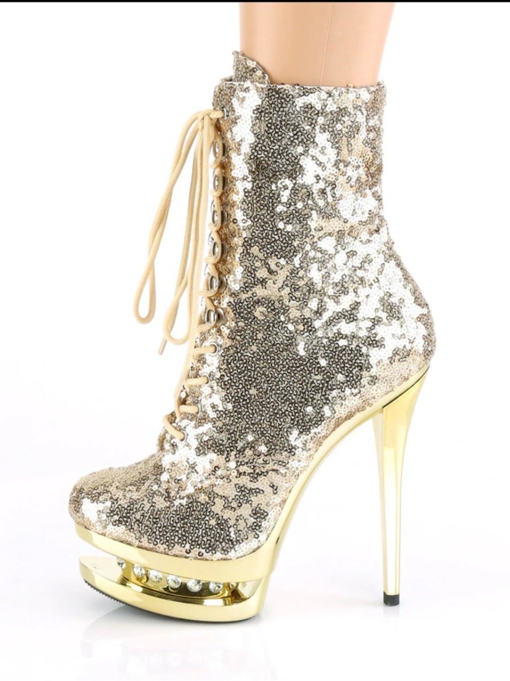 Pleaser Blondie-R 1020 Gold Sequin Platform Booties Size 8 - Picture 4 of 10